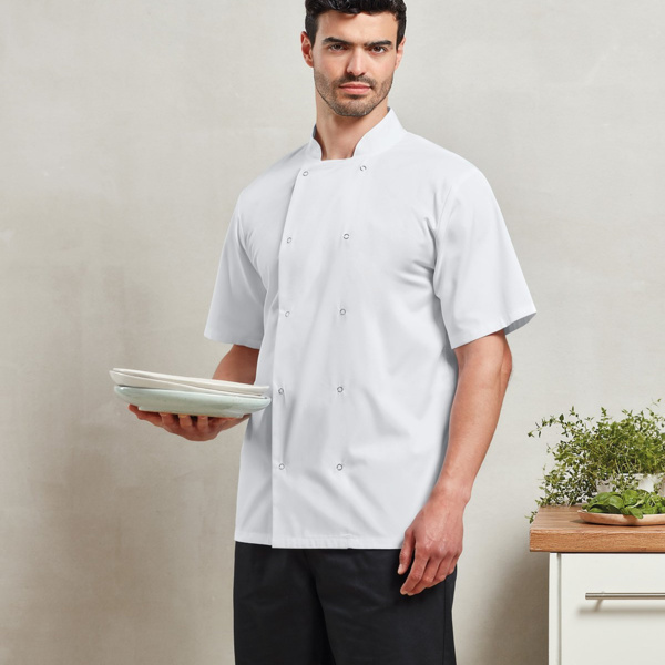 Studded front short sleeve chef's jacket Thumbnail
